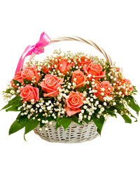 basket of pink roses with babys breath